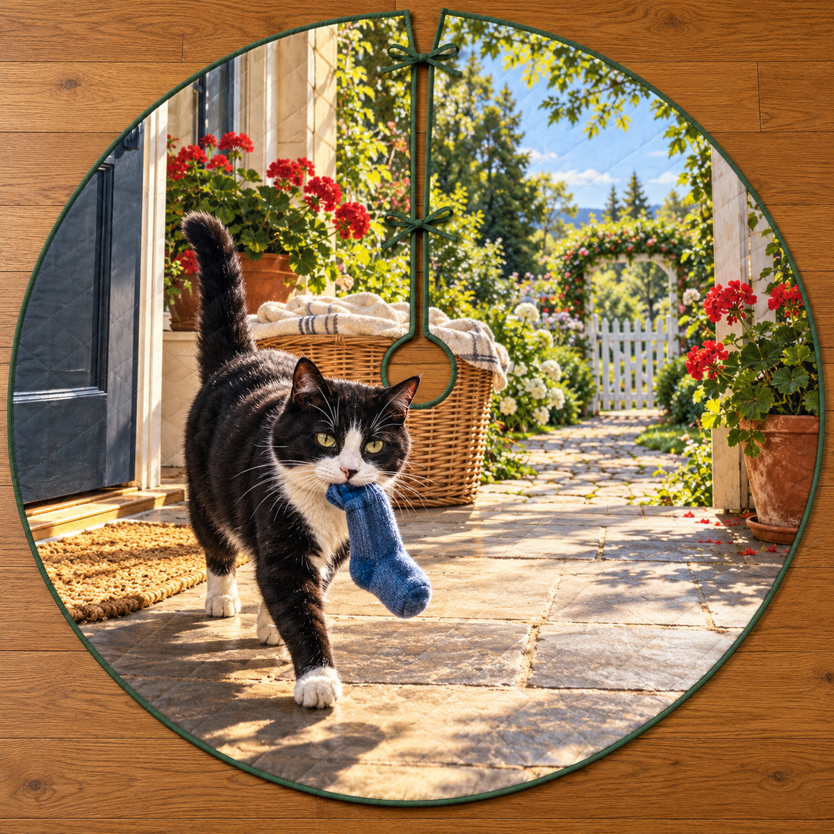 A tuxedo cat carries a plain blue sock across a sunlit tiled porch, with a wicker laundry basket, geraniums and distant garden gate.