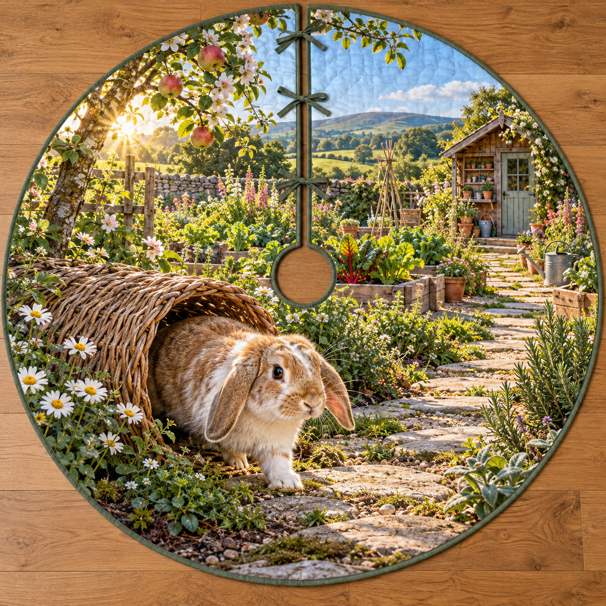 A lop-eared house rabbit hops out of a woven willow tunnel into a sunlit garden, with daisies, vegetable beds and distant potting shed.