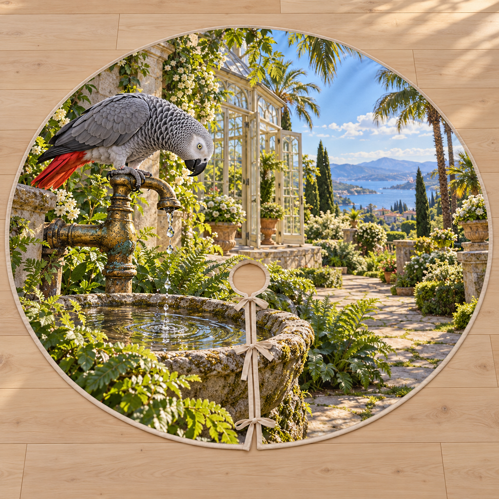 An African grey parrot leans toward water droplets above a stone birdbath, with fern beds, conservatory path and distant sunlit hills.