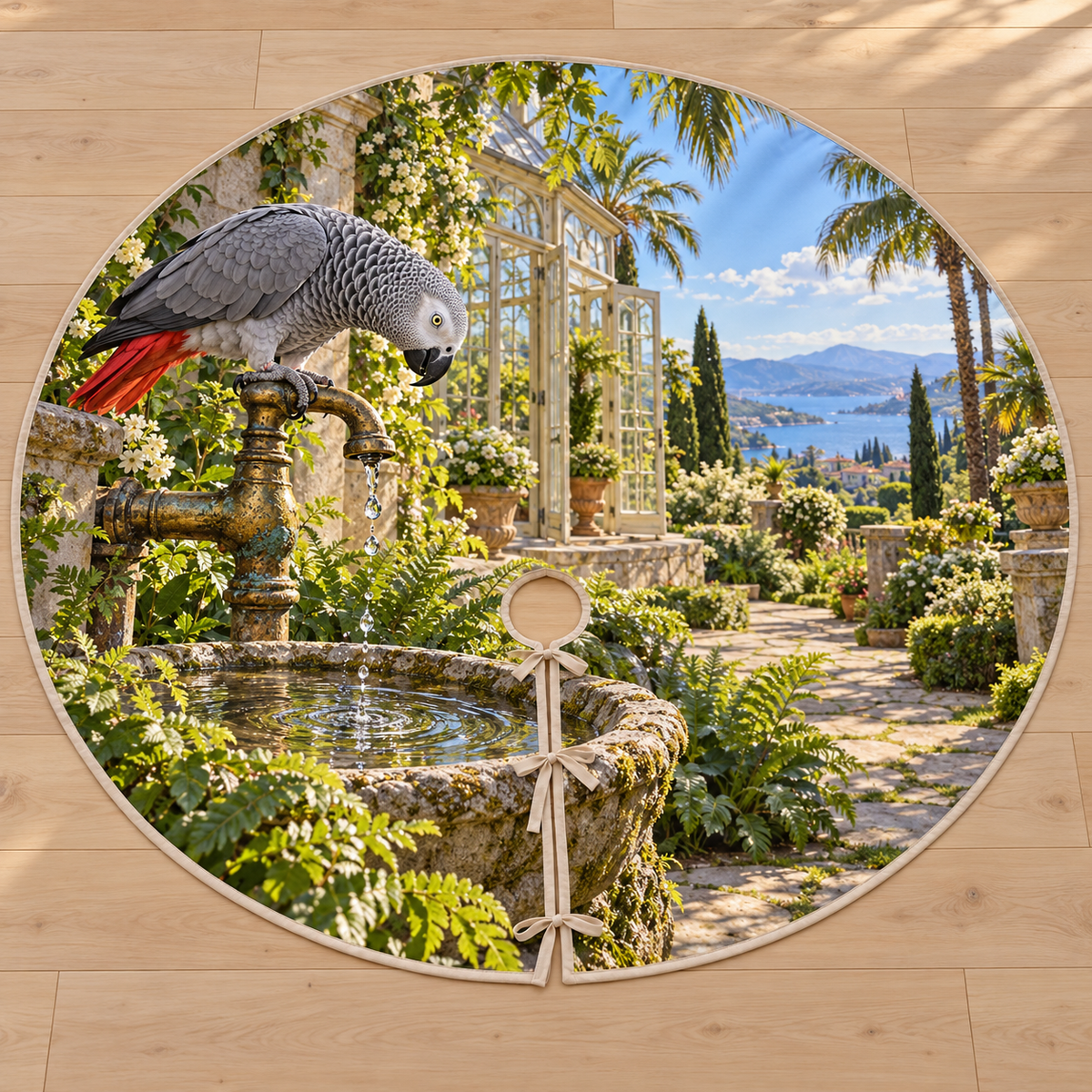 An African grey parrot leans toward water droplets above a stone birdbath, with fern beds, conservatory path and distant sunlit hills.