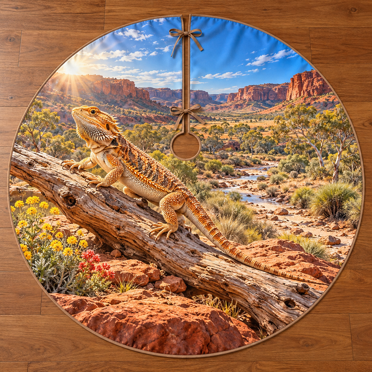 A natural bearded dragon steps along a dry branch above sandstone, with desert flowers, winding creek bed, acacias and distant canyon escarpments.