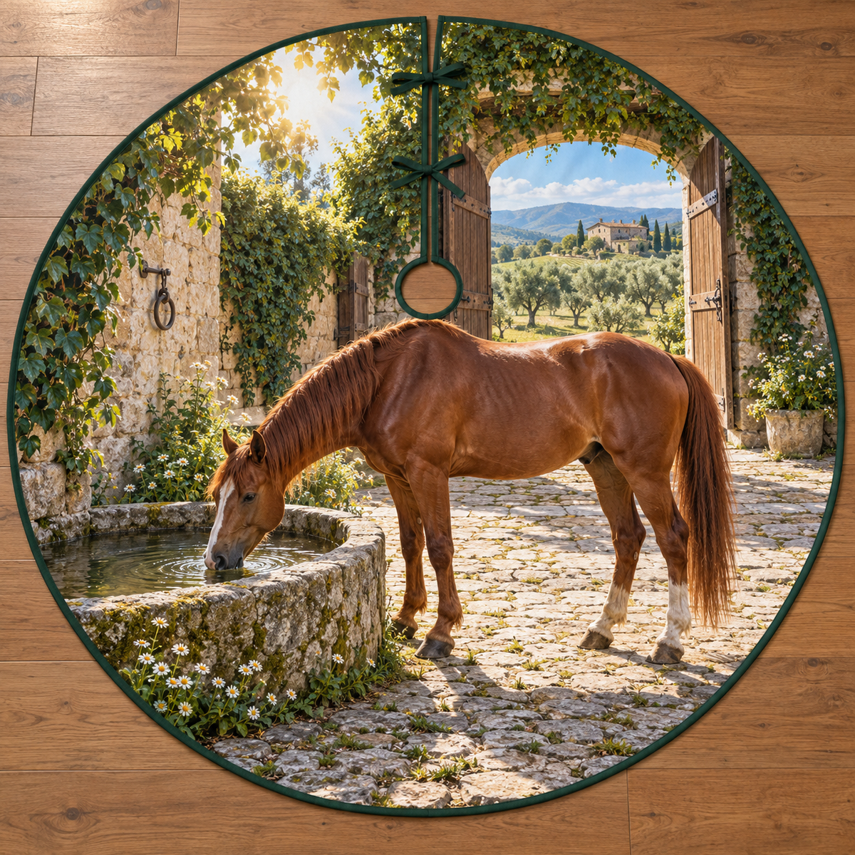 A chestnut horse drinks from a stone trough in a cobbled courtyard, with ivy archway, open stable doors and distant orchard hills.