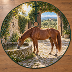 A chestnut horse drinks from a stone trough in a cobbled courtyard, with ivy archway, open stable doors and distant orchard hills.