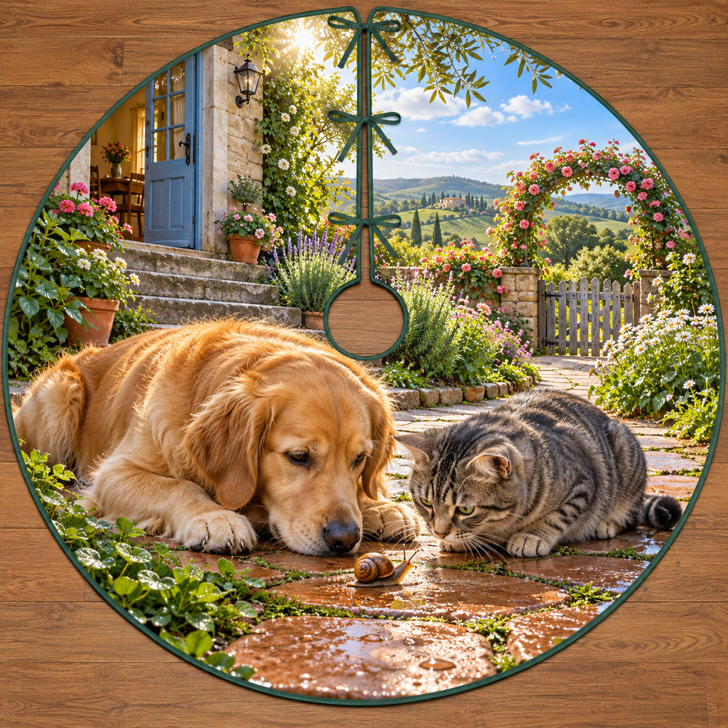 A golden dog and grey tabby cat watch a tiny snail on a terracotta steppingstone, with cottage porch, herb path, rose arch and distant hills.
