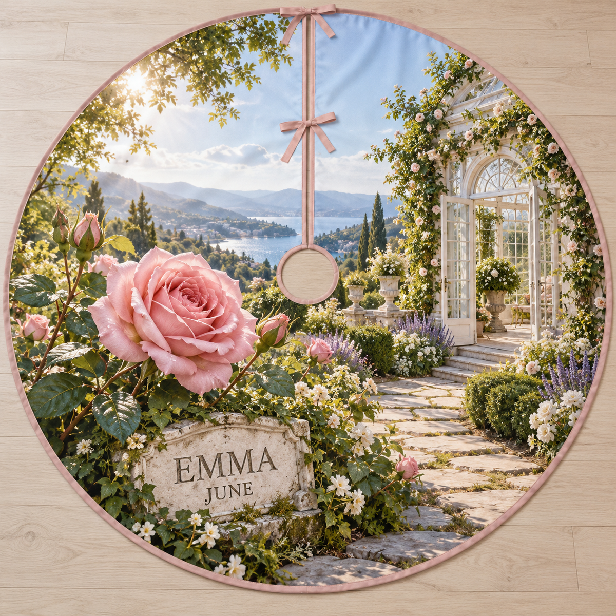 Example June rose and EMMA name plaque with dew, steppingstone path, conservatory doorway and distant garden hills. Choose your name and birth month.