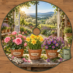 Example MOM watering can and three named flower pots: EMMA rose, LIAM daffodil and OLIVIA aster, with potting shed, herb path and orchard hills.