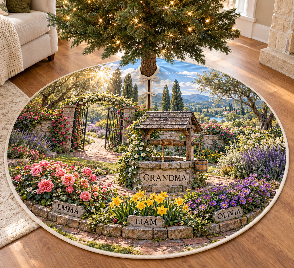 Example GRANDMA stone wishing well with EMMA roses, LIAM daffodils and OLIVIA asters on garden markers, a brick path, floral gate and distant hills.