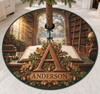 Example A and ANDERSON in a printed walnut-style oak-leaf monogram, with blank open book, arched library shelves, ladder and distant oak woodland.