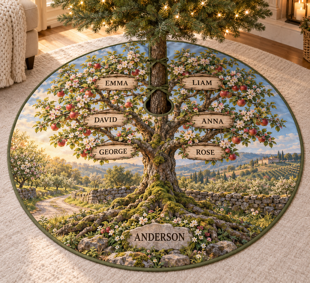 Example ANDERSON apple tree with GEORGE and ROSE below DAVID and ANNA, then EMMA and LIAM on upper branches, with orchard lane and distant hills.