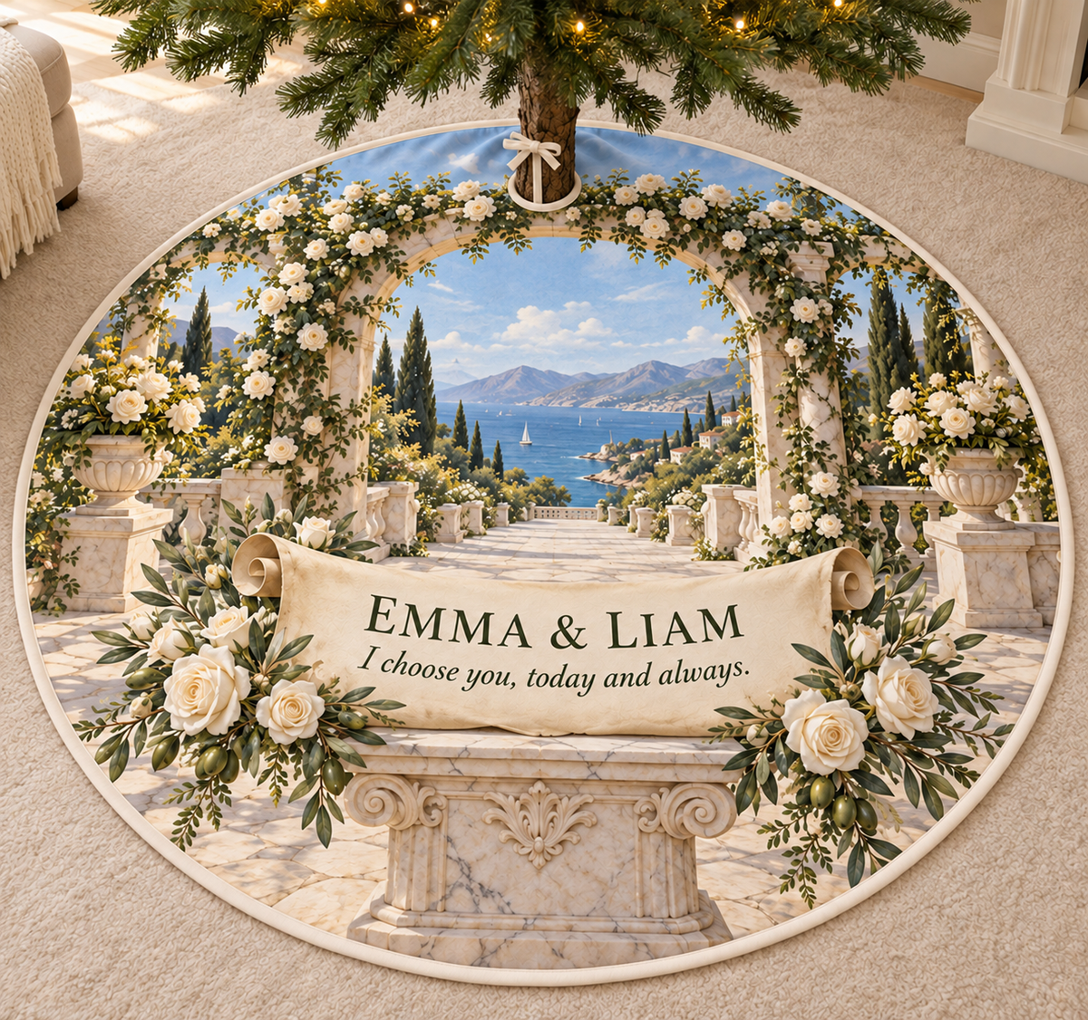 Example EMMA & LIAM and I choose you, today and always. on a printed parchment scroll and marble pedestal, with white roses, courtyard arch and sea hills.