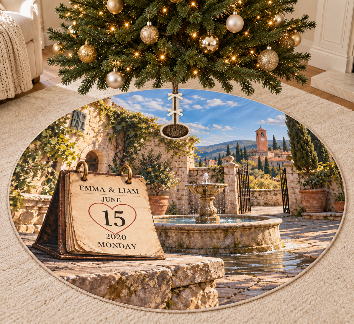 Example EMMA & LIAM day calendar showing JUNE 15 2020 MONDAY, brass-style rings and paper, stone fountain courtyard, open gate, clock tower and cypress hills.