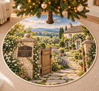 Example THE ANDERSONS and 51.5019° N / 0.1187° W on a printed bronze-style gatepost plaque, oak gate, generic cream-door cottage, jasmine path and orchard hills.