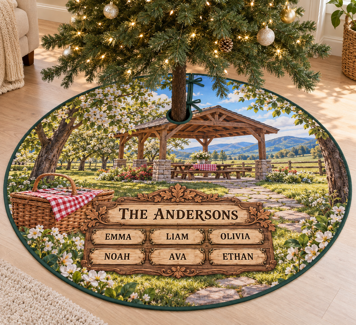 Example THE ANDERSONS with EMMA LIAM OLIVIA above NOAH AVA ETHAN on an oak-style board, woven picnic basket, gingham cloth, pavilion and orchard hills.