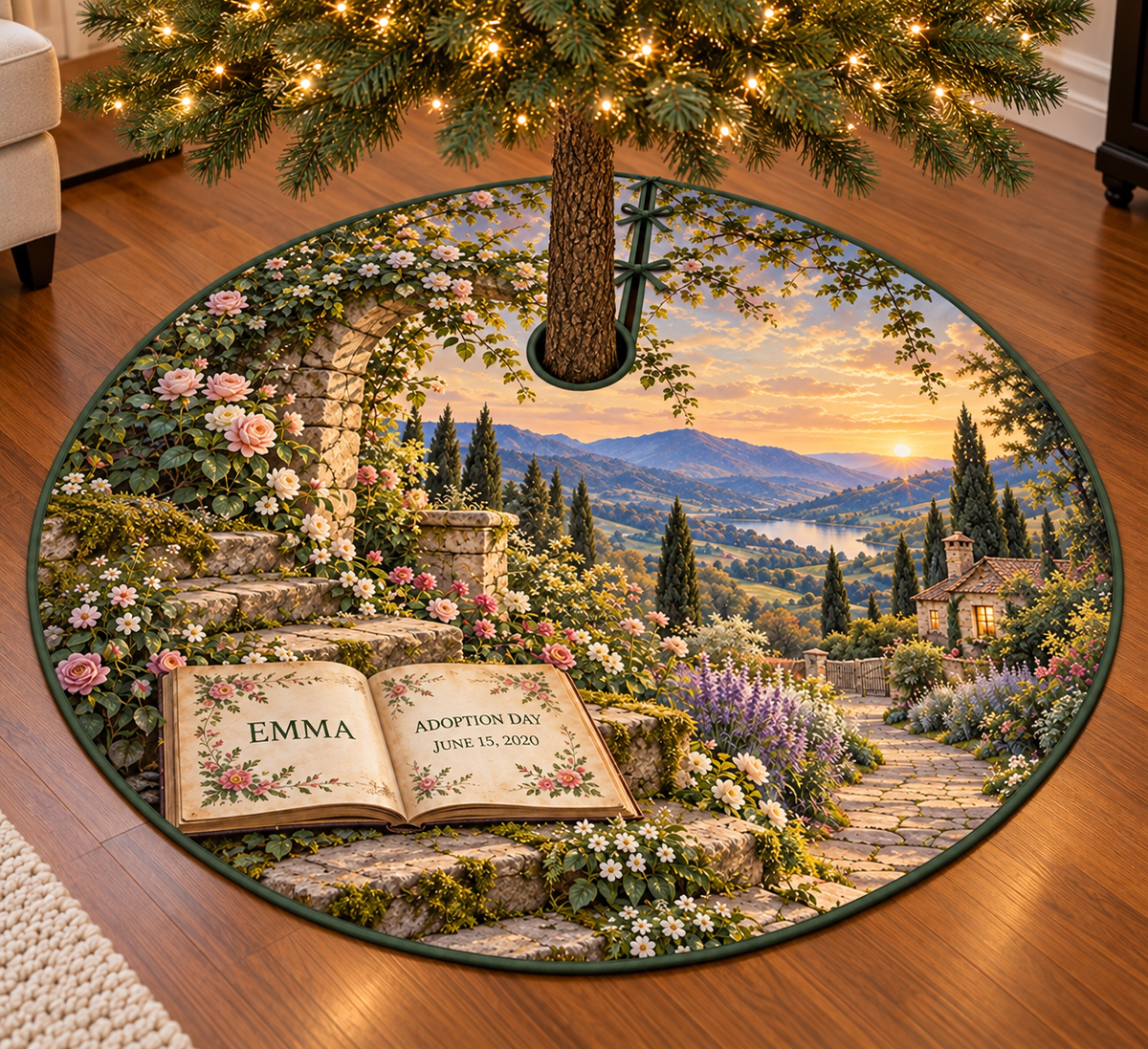 Example EMMA and ADOPTION DAY / JUNE 15, 2020 in an open storybook, mossy limestone steps, leafy flower arch, garden cottage and distant hills.