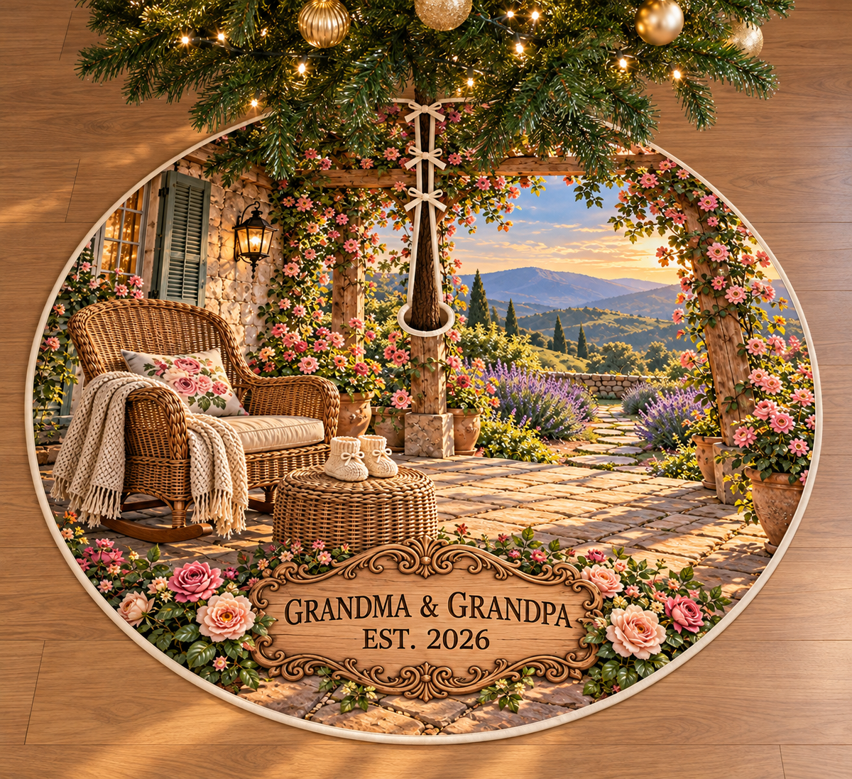 Example GRANDMA & GRANDPA / EST. 2026 oak-style plaque, wicker rocking chair and knitted baby booties on a woven footstool, rose veranda and lavender hills.