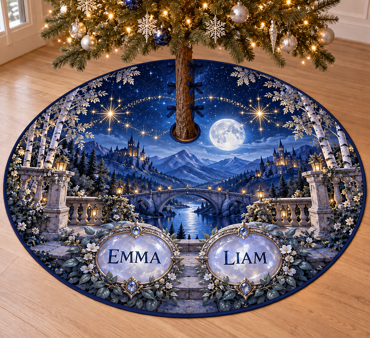 Example EMMA and LIAM moonstone-style medallions, two decorative star clusters linked above an arched stone bridge, indigo valley, birches and distant castle hills.