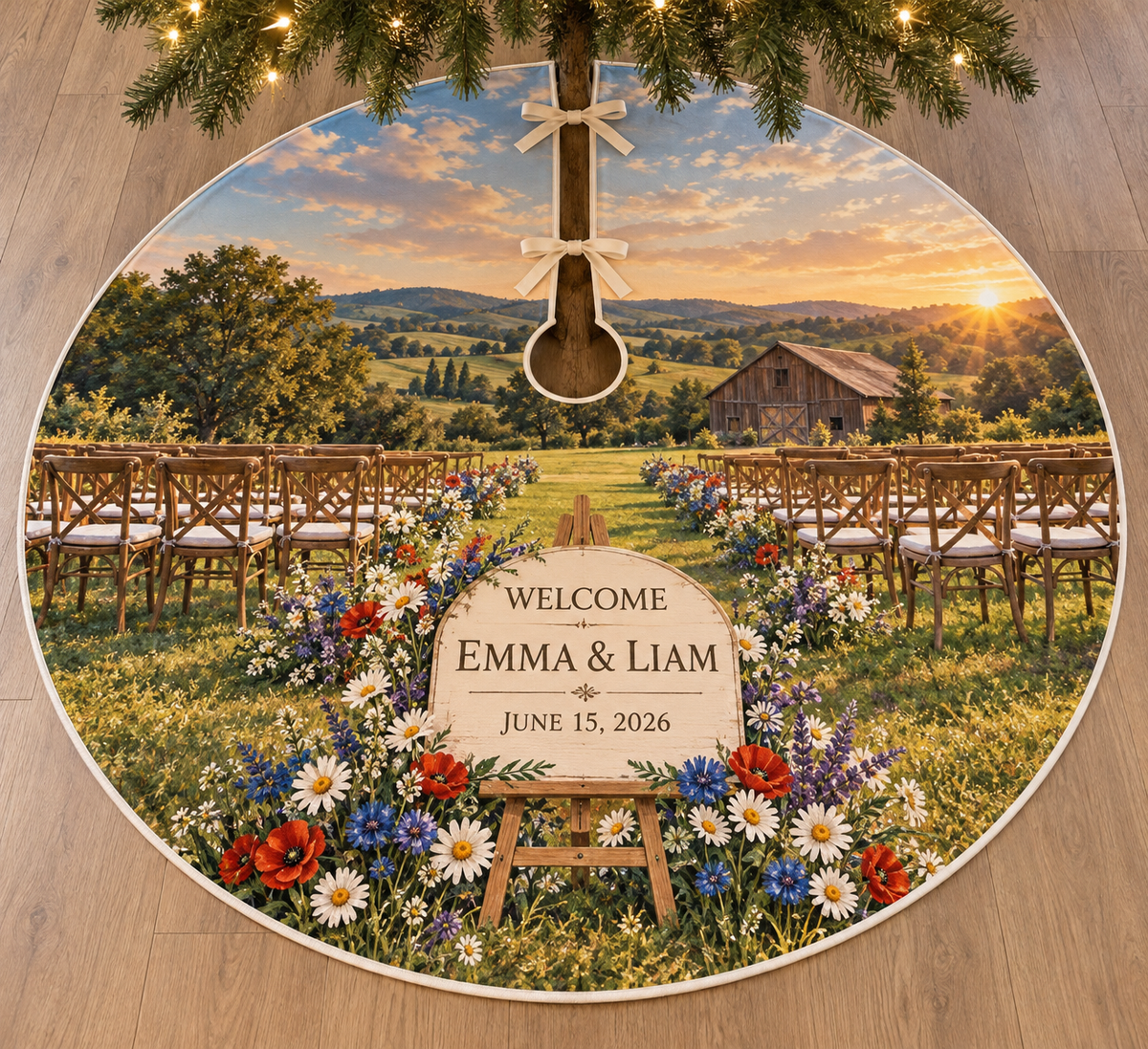 Example WELCOME / EMMA & LIAM / JUNE 15, 2026 ivory plaque on oak-style easel, daisies cornflowers poppies, empty ceremony chairs and distant barn hills.