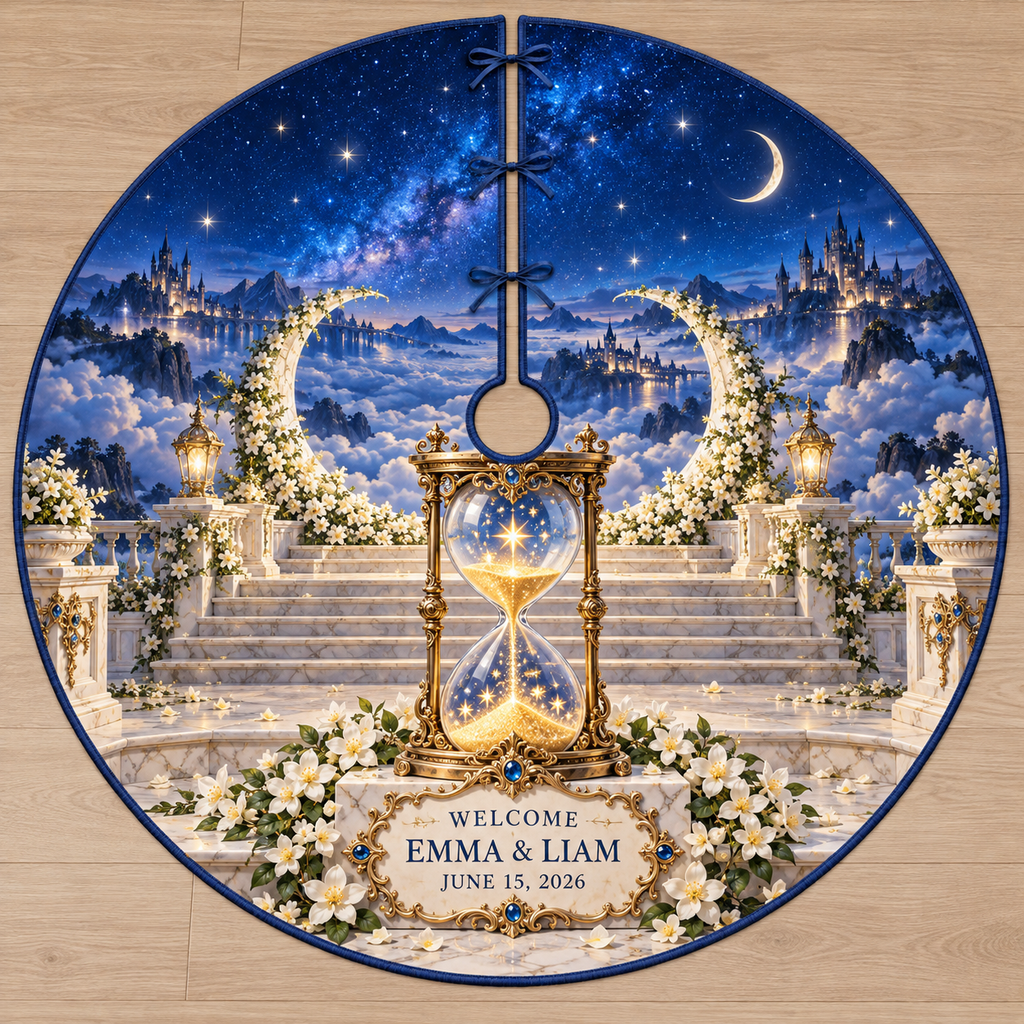 Example WELCOME / EMMA & LIAM / JUNE 15, 2026 ivory plaque, brass-style hourglass with star-sand, jasmine crescent forms, marble terrace cloud valleys and starry hills.