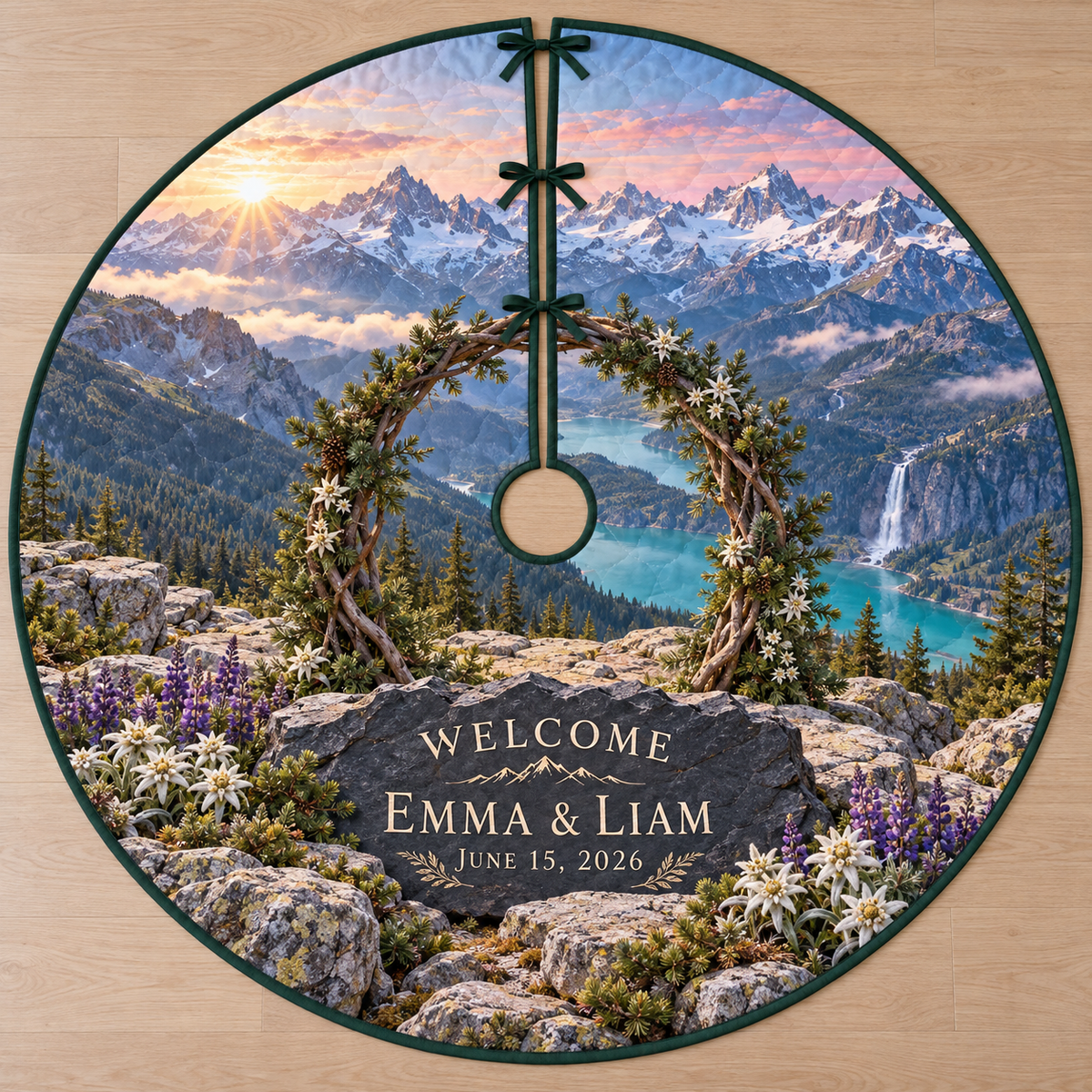Example WELCOME / EMMA & LIAM / JUNE 15, 2026 on jagged dark slate tablet, granite ledge, alpine flowers, pine-branch arch, glacial lake waterfall and snowy peaks.