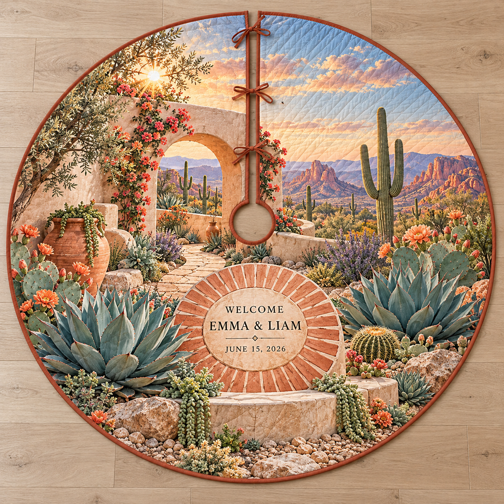 Example WELCOME / EMMA & LIAM / JUNE 15, 2026 terracotta sunburst plaque on travertine, agave prickly pear flowers adobe portal desert path and red buttes.