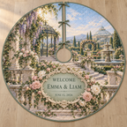Example WELCOME / EMMA & LIAM / JUNE 15, 2026 sage panel in antique ivory scrollwork oval frame, limestone balustrade, roses peonies ivy, fountain wisteria gazebo and conservatory.