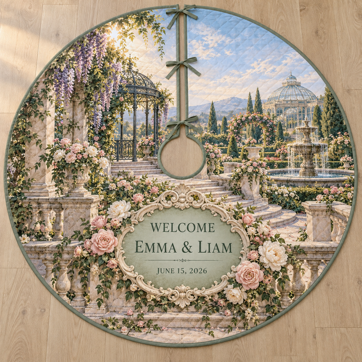 Example WELCOME / EMMA & LIAM / JUNE 15, 2026 sage panel in antique ivory scrollwork oval frame, limestone balustrade, roses peonies ivy, fountain wisteria gazebo and conservatory.