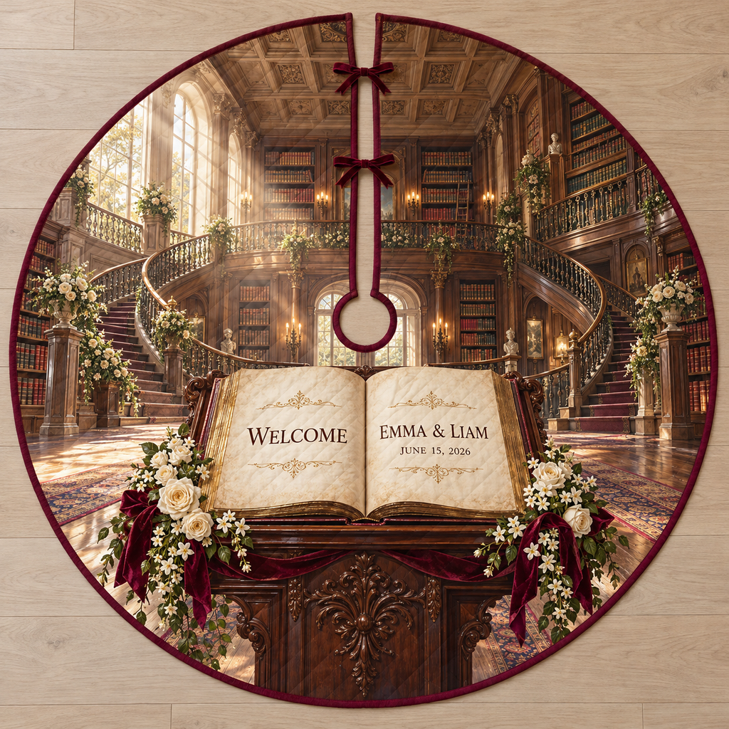 Example WELCOME / EMMA & LIAM / JUNE 15, 2026 open parchment book on mahogany lectern, roses jasmine burgundy ribbon, double staircase library gallery sunlit arched windows.