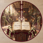 Example WELCOME / EMMA & LIAM / JUNE 15, 2026 open parchment book on mahogany lectern, roses jasmine burgundy ribbon, double staircase library gallery sunlit arched windows.