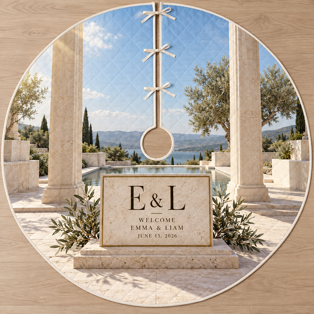 Example E & L / WELCOME / EMMA & LIAM / JUNE 15, 2026 travertine tablet brass border, olive branches, columns and reflecting courtyard water channel.