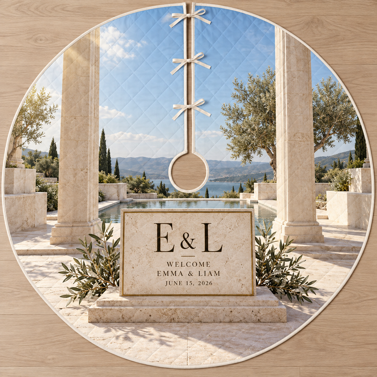 Example E & L / WELCOME / EMMA & LIAM / JUNE 15, 2026 travertine tablet brass border, olive branches, columns and reflecting courtyard water channel.