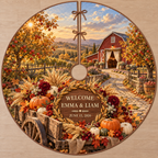 Example WELCOME / EMMA & LIAM / JUNE 15, 2026 walnut medallion wheat wreath on wooden harvest cart, pumpkins dahlias maple leaves orchard lane red barn vineyard hills.