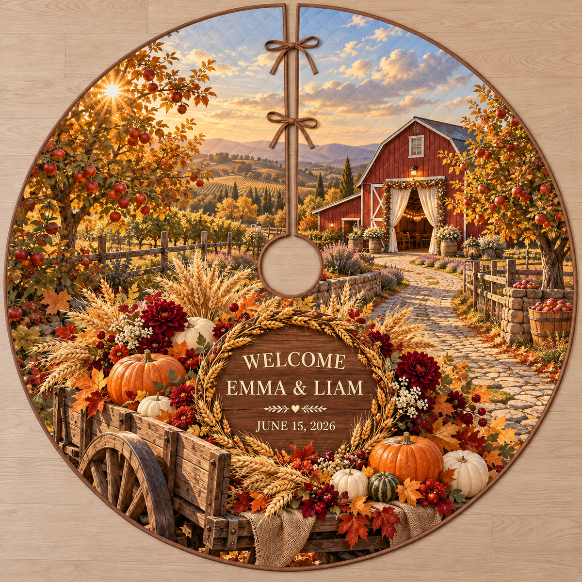 Example WELCOME / EMMA & LIAM / JUNE 15, 2026 walnut medallion wheat wreath on wooden harvest cart, pumpkins dahlias maple leaves orchard lane red barn vineyard hills.
