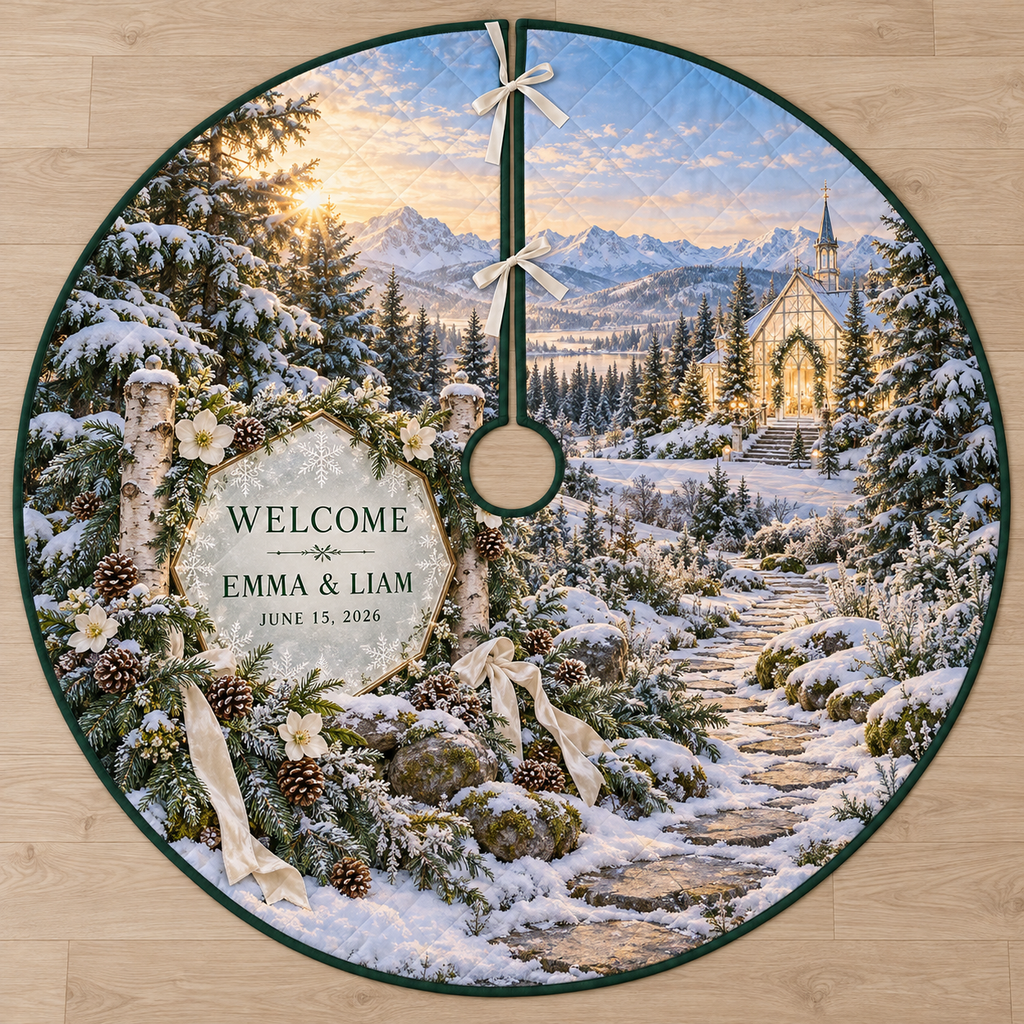 Example WELCOME / EMMA & LIAM / JUNE 15, 2026 frosted geometric panel brass edging birch pillars cedar fir garland hellebore pinecones snowy forest path distant glass chapel.
