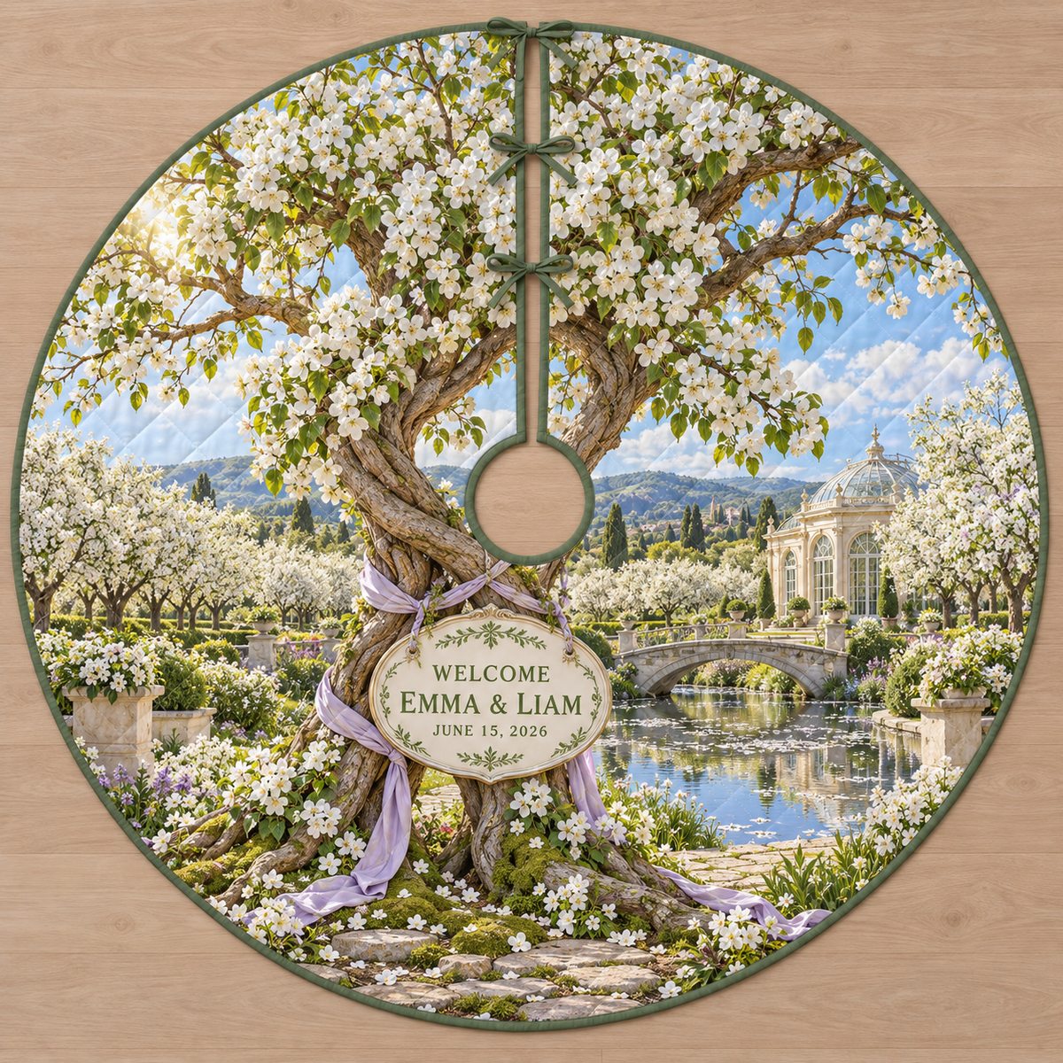 Example WELCOME / EMMA & LIAM / JUNE 15, 2026 porcelain-style oval plaque between intertwined pear blossom trunks, lilac ribbon, stone footbridge reflecting pond blossom orchard orangery hills sky.