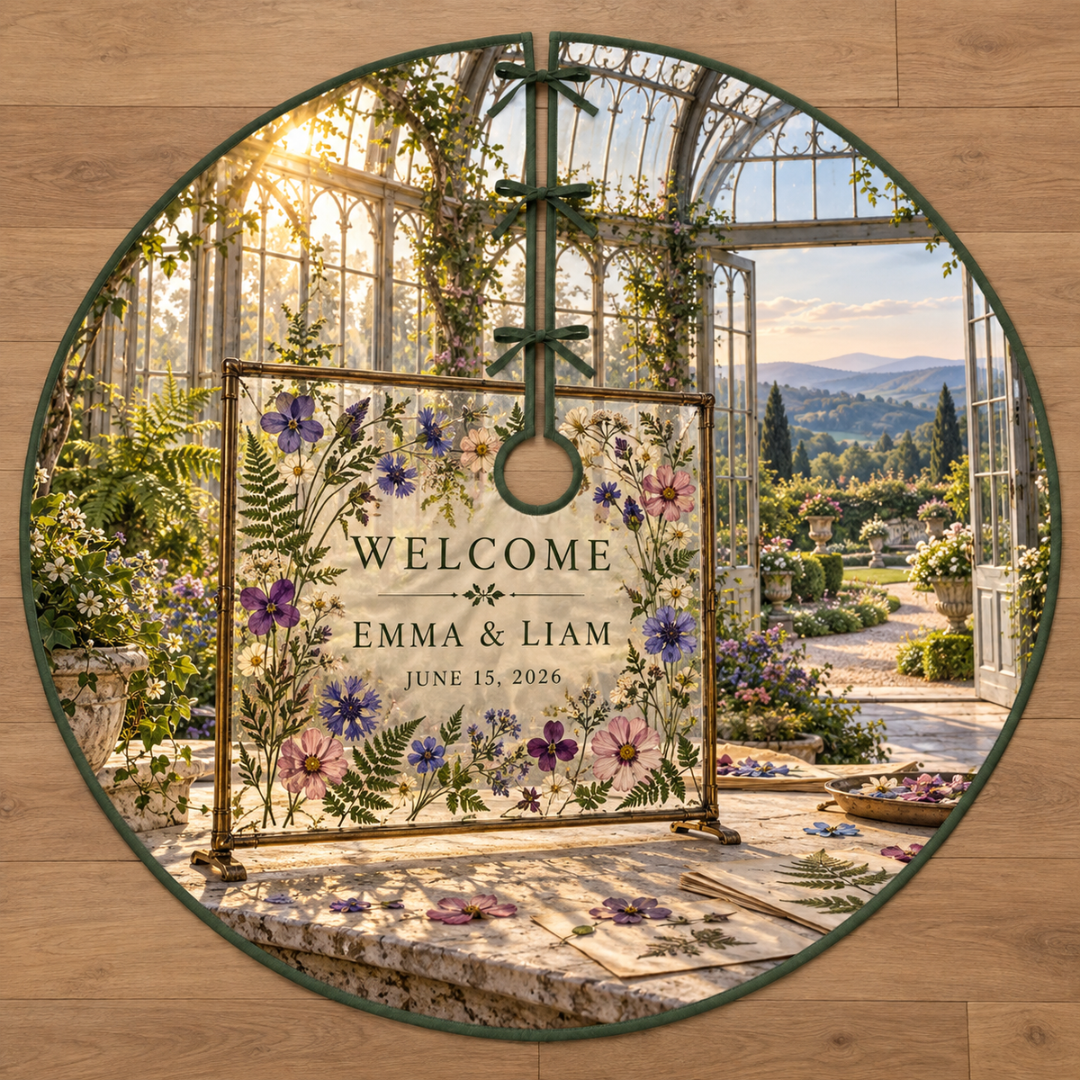Example WELCOME / EMMA & LIAM / JUNE 15, 2026 transparent brass-style framed pressed-flower welcome panel with violets cornflowers cosmos ferns on a limestone botanical bench inside a glasshouse overlooking garden paths hills and dawn sky.
