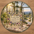 Example WELCOME / EMMA & LIAM / JUNE 15, 2026 transparent brass-style framed pressed-flower welcome panel with violets cornflowers cosmos ferns on a limestone botanical bench inside a glasshouse overlooking garden paths hills and dawn sky.