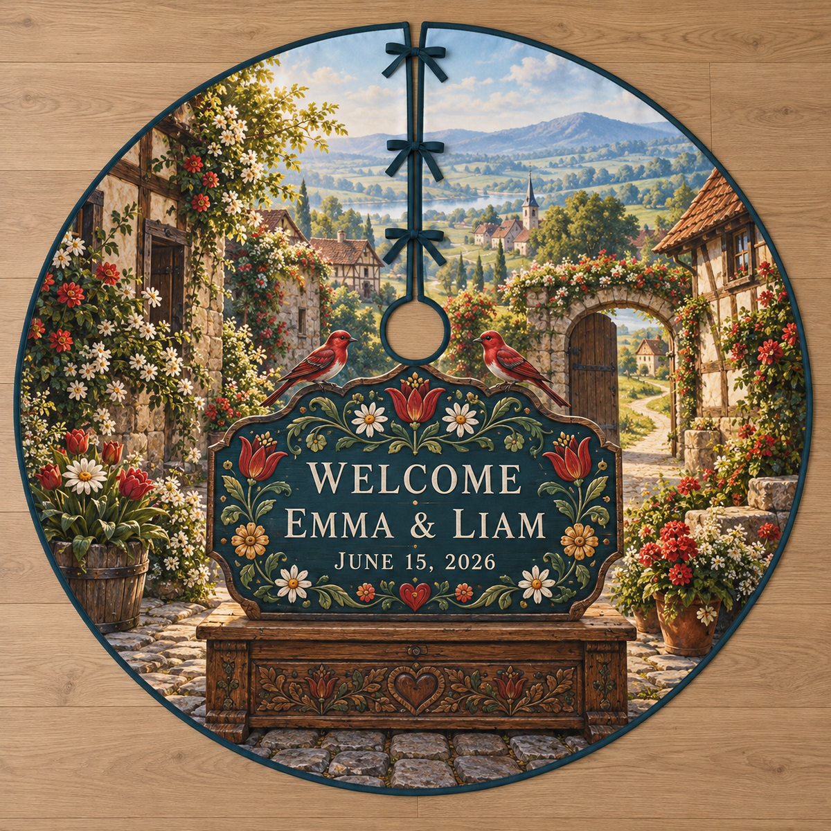 Example WELCOME / EMMA & LIAM / JUNE 15, 2026 scalloped teal welcome shield with folk tulips daisies rosettes and two red songbirds on an oak-style chest before a stone-arched wooden village gate cottages meadow lane hills sky.