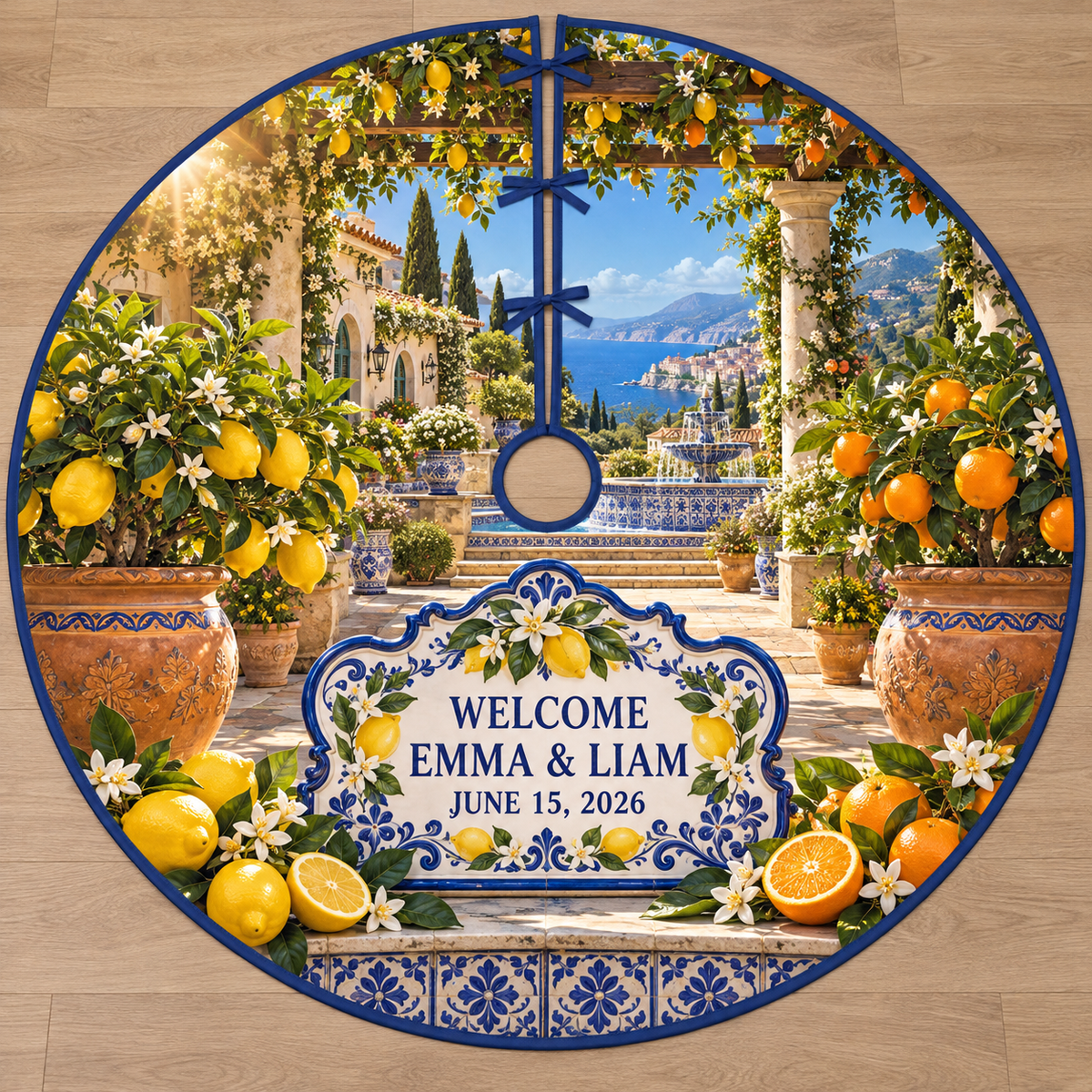 Example WELCOME / EMMA & LIAM / JUNE 15, 2026 white majolica-style welcome tablet cobalt citrus border tiled plinth lemon and orange trees terracotta pots pergola fountain Mediterranean garden villa coastal hills sky.