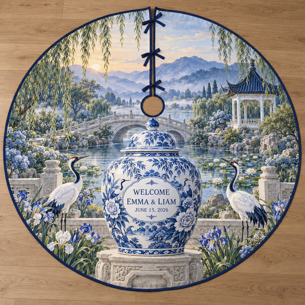 Example WELCOME / EMMA & LIAM / JUNE 15, 2026 blue-white ginger jar with welcome cartouche on stone pedestal two white cranes irises willow garden footbridge lily pond pavilion misty hills dawn sky.