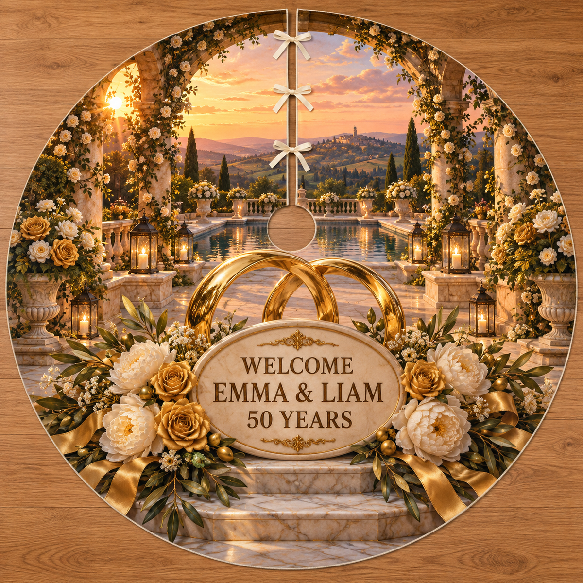 Example WELCOME / EMMA & LIAM / 50 YEARS ivory oval plaque before two intertwined golden rings, roses peonies olive ribbon marble plinth stone loggia reflecting pool terrace hills evening sky.