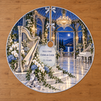 Example WELCOME / EMMA & LIAM / 25 YEARS frosted glass-style silver-bordered panel beside silver harp white orchids blue hydrangeas ivy pearl ribbon marble concert dais conservatory chandelier white piano moonlit canal hills sky.
