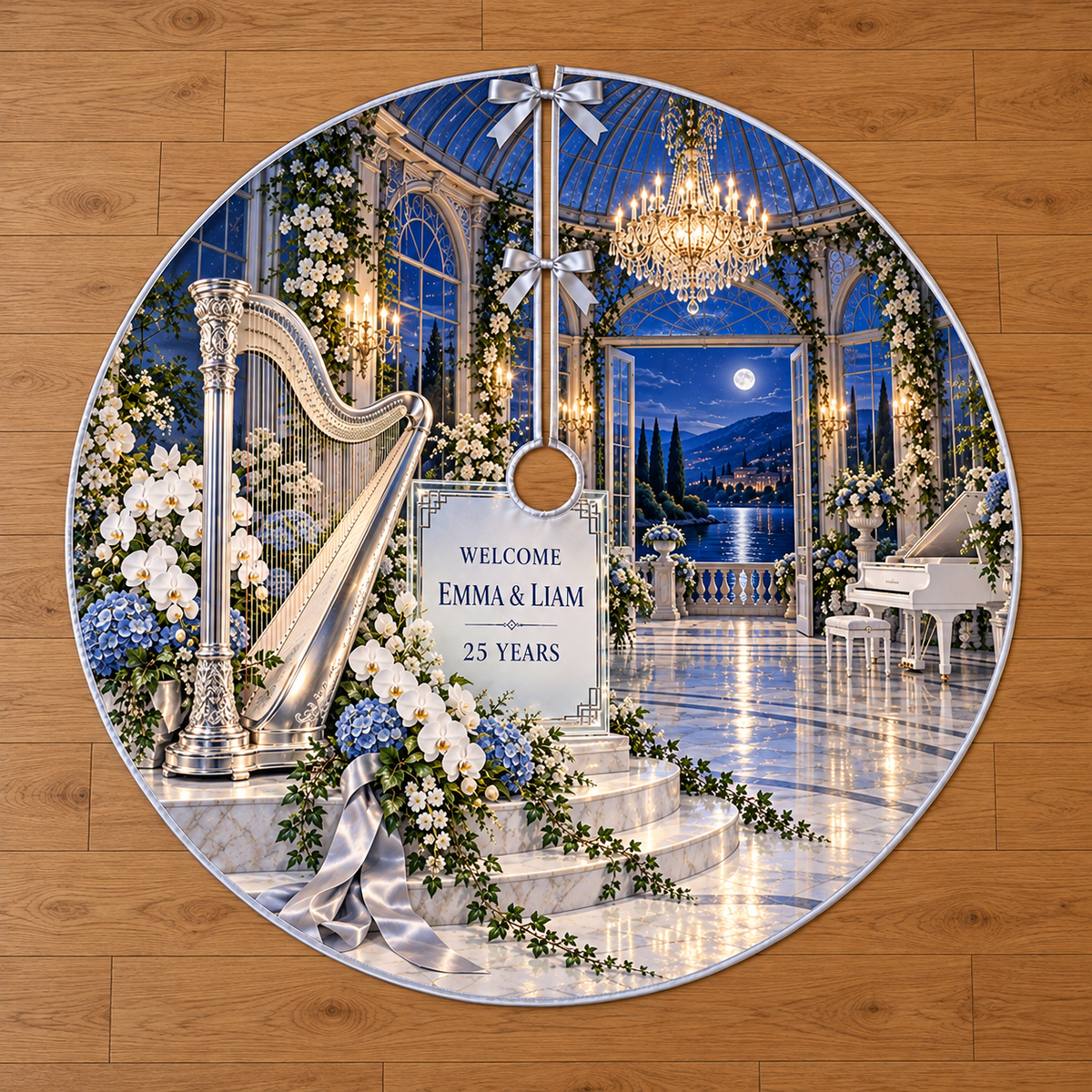 Example WELCOME / EMMA & LIAM / 25 YEARS frosted glass-style silver-bordered panel beside silver harp white orchids blue hydrangeas ivy pearl ribbon marble concert dais conservatory chandelier white piano moonlit canal hills sky.