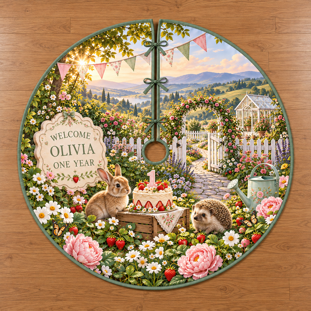 Example WELCOME / OLIVIA / ONE YEAR ivory scalloped welcome plaque strawberry cake numeral1 candle baby rabbit hedgehog watering can flowers bunting picket gate greenhouse hills sky.