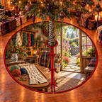 A cream cable-knit scarf project with active loops on a bamboo needle rests beside yarn balls, a second knitting needle and brass scissors on an oak worktable. Hanging wool hanks and a cottage window overlooking a hollyhock garden path create layered studio depth. Flat printed optical depth on one thin circular tree skirt.