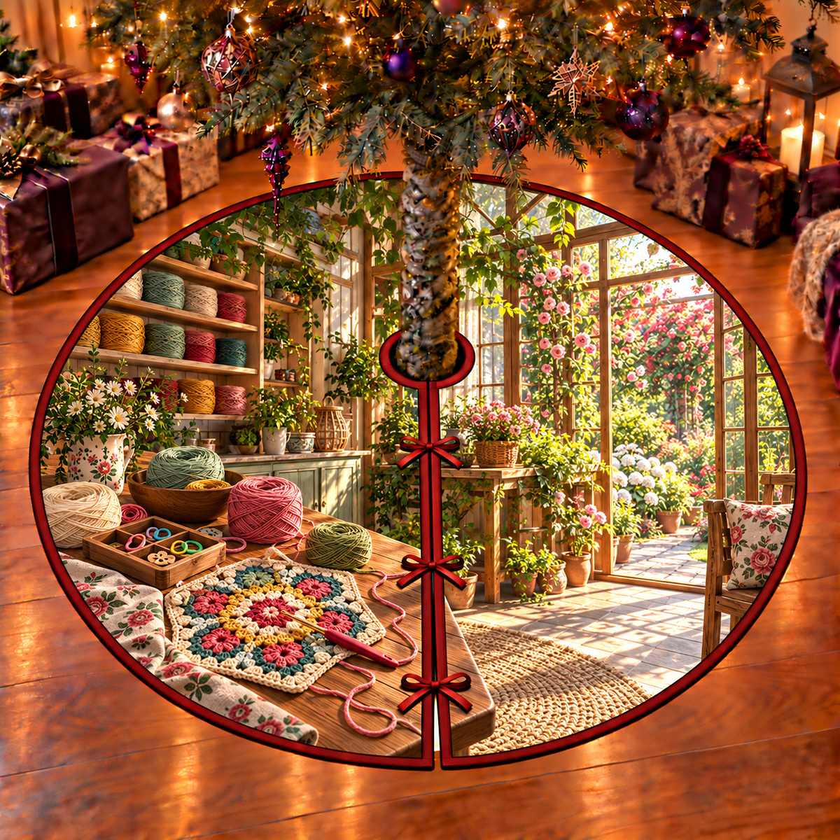 A colorful hexagonal granny-flower crochet panel with open loops rests beside a crochet hook, cotton yarn cakes, stitch markers and a wooden notions tray. Thread shelves and a rose-filled conservatory window form a deep craft studio backdrop. Flat printed optical depth on one thin circular tree skirt.