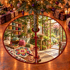 A colorful hexagonal granny-flower crochet panel with open loops rests beside a crochet hook, cotton yarn cakes, stitch markers and a wooden notions tray. Thread shelves and a rose-filled conservatory window form a deep craft studio backdrop. Flat printed optical depth on one thin circular tree skirt.