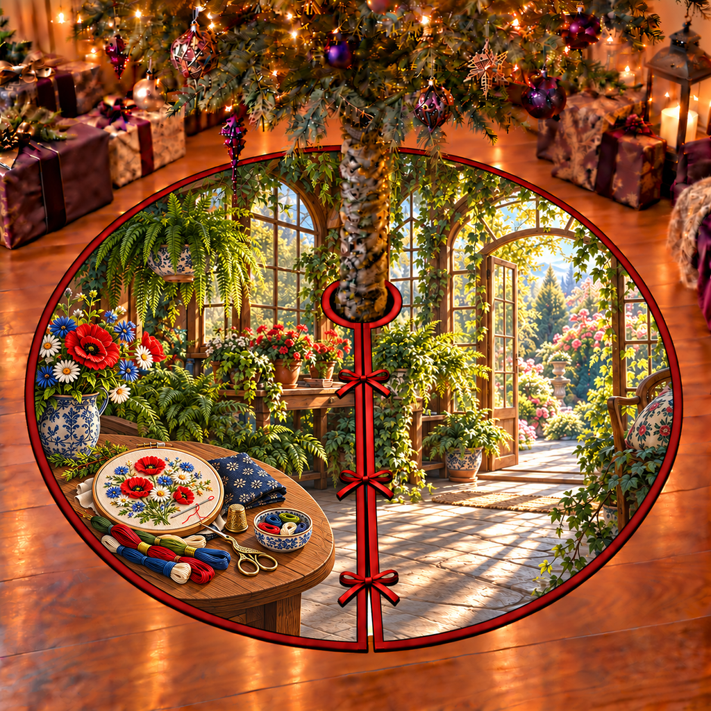 A complete round wooden embroidery hoop holds red poppies, white daisies and blue cornflowers on ivory cloth. Floss skeins, a needle with thread, brass-colored scissors, a thimble and shallow thread tray rest beside folded indigo cloth. Ferns and arched conservatory windows create a deep garden setting. Flat printed optical depth on one thin circular tree skirt.