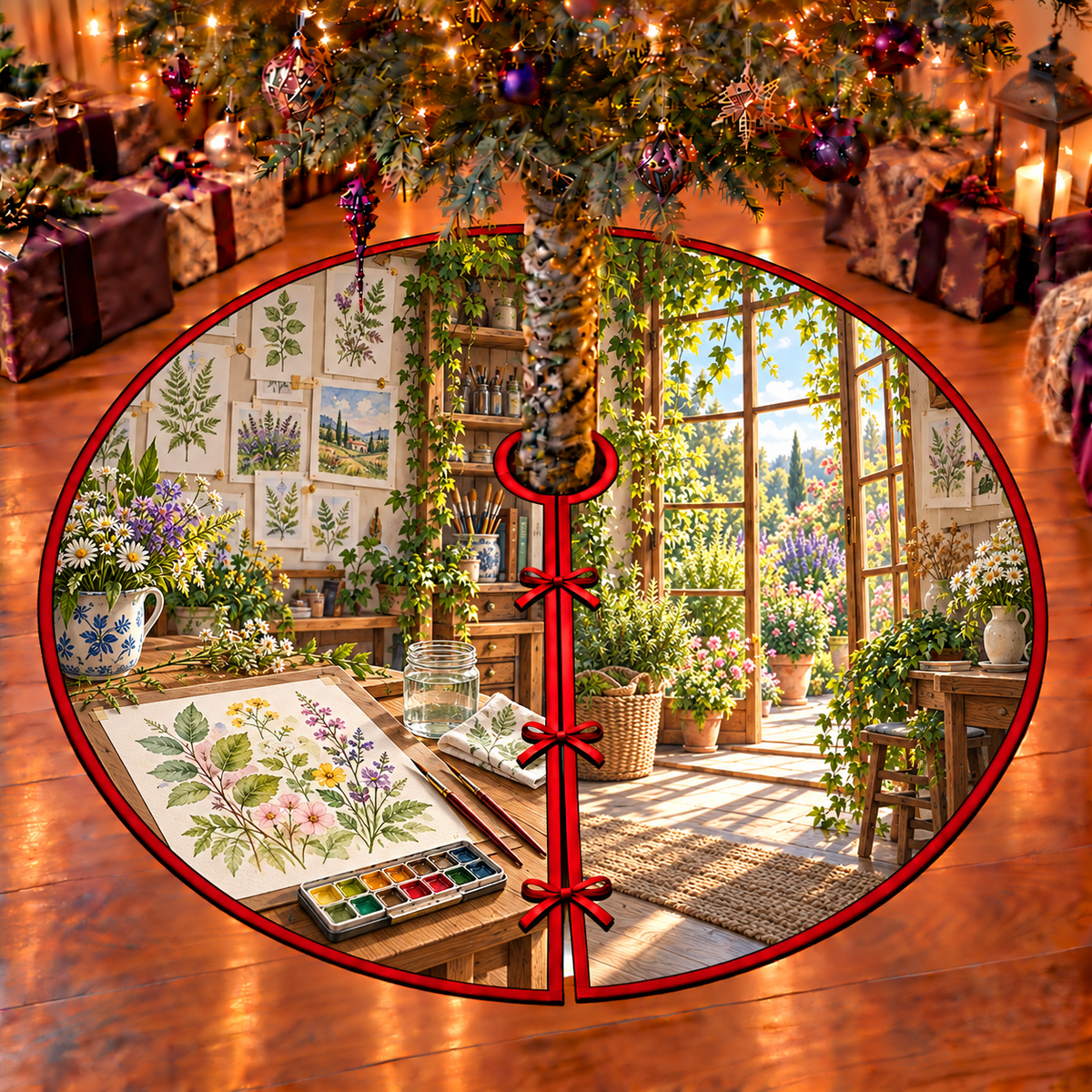 A rectangular watercolor paper on a drawing board shows translucent botanical leaves and wildflowers in progress. A pan paintbox, fine round brushes, clear rinse-water jar and folded cloth sit nearby. Botanical studies, art shelves and a sunny herb garden window complete the studio scene. Flat printed optical depth on one thin tree skirt.