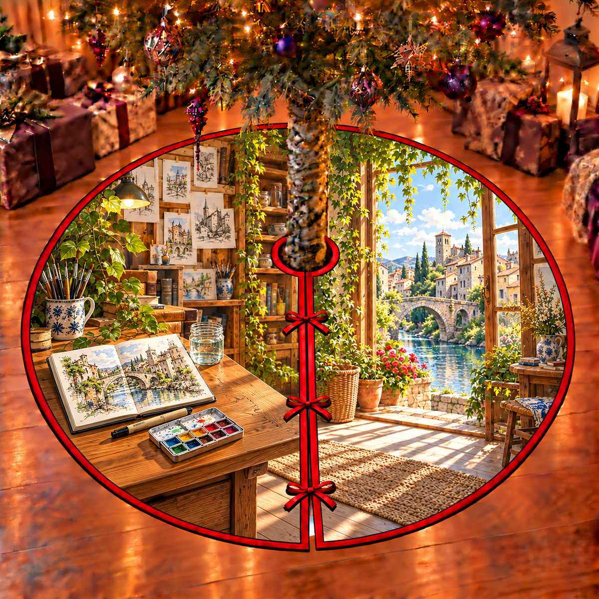 Old Town Urban Sketchbook Studio flat printed tree skirt