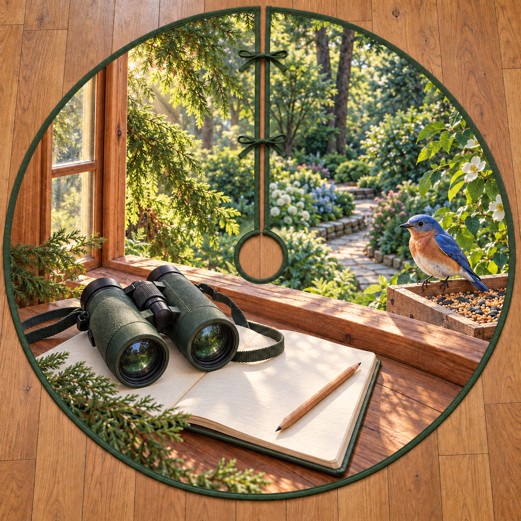 Entire thin round tree skirt with center hole, straight radial slit and ties, binoculars/journal/bluebird garden window flat print